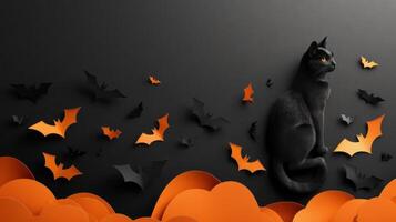 Black Cat with Halloween Bats and Orange Clouds on Dark Background - Spooky Holiday Theme photo