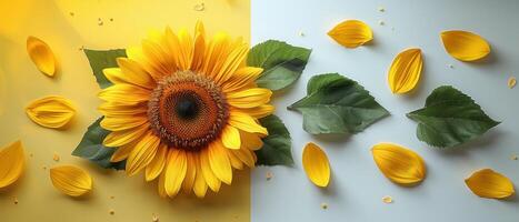 Bright Sunflower with Petals and Leaves on Yellow and White Background, Capturing Nature's Beauty in a Minimalist Style photo