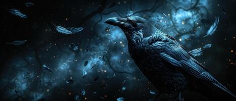Majestic Raven in a Mystical Night Sky with Floating Feathers and Glowing Particles photo