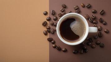 Top View of a Cup of Coffee with Coffee Beans on a Brown and Beige Background photo