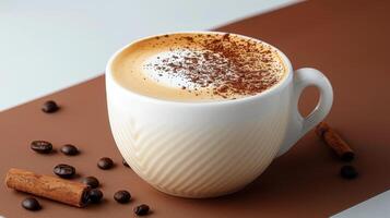 Creamy Cappuccino with Cinnamon and Coffee Beans on a Stylish Brown and White Background photo
