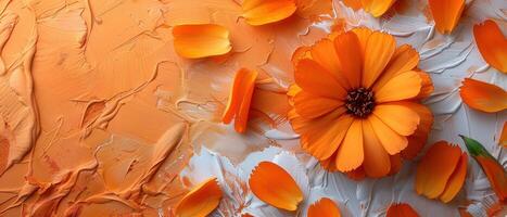Bright Orange Flower on Textured Abstract Background with Petals Scattered Around photo