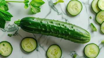 Fresh Green Cucumber with Slices on Marble Background Surrounded by Mint Leaves photo