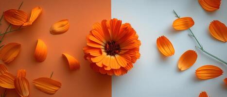 Vibrant Orange Flower with Petals on Split Orange and Blue Background, Creative Floral Arrangement photo