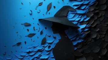 Silhouette of a Woman in a Witch Hat with Artistic Paper Cutout Background in Blue and Black photo