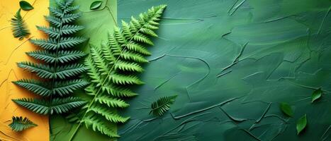 Vibrant Green Fern Leaves on Textured Green and Yellow Background - Nature Inspired Abstract Art photo