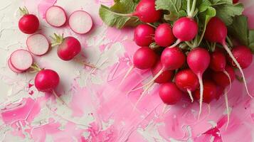 Fresh Red Radishes on Artistic Pink and White Background - Vibrant and Healthy Vegetables photo