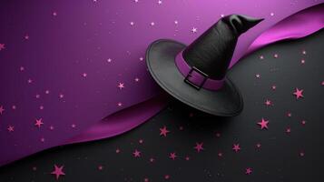Black Witch Hat with Purple Ribbon on a Festive Black and Purple Background with Stars photo