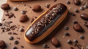 Delicious Chocolate Eclair with Chocolate Chips and Sprinkles on Brown Background - Perfect Dessert for Sweet Tooth photo