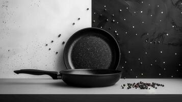 Modern Black Non-Stick Frying Pans with Peppercorns on Artistic Black and White Background photo