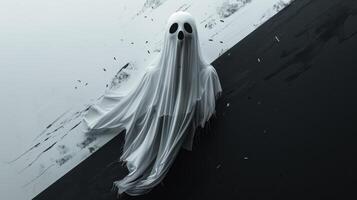 Spooky Ghost in White Sheet Floating Against Black and White Background for Halloween photo