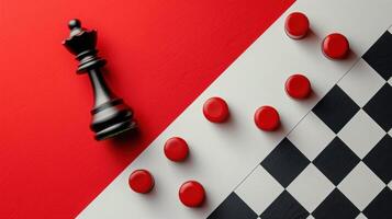 Chess King and Red Checkers on Red and White Background with Black and White Checkerboard Pattern photo