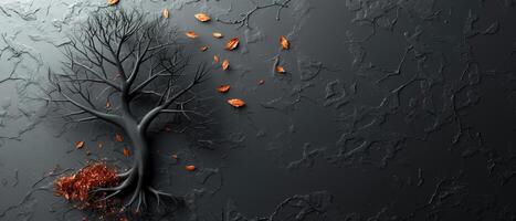 Abstract Black Tree with Falling Leaves on Textured Dark Background - Modern Minimalist Art photo