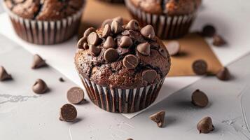Delicious Chocolate Chip Muffins on a White Background with Scattered Chocolate Chips photo