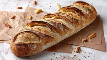 Freshly Baked Artisan French Baguette on Brown Paper with Crumbs on a Light Background photo