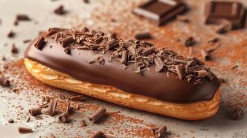 Delicious Chocolate Eclair with Cream Filling and Chocolate Shavings on a Light Background photo