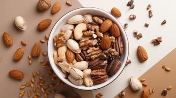Assorted Mixed Nuts in a White Bowl on a Brown and Beige Background with Scattered Nuts photo