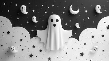 Spooky Halloween Ghosts in a Night Sky with Stars and Moon - Black and White Paper Cutout Design photo