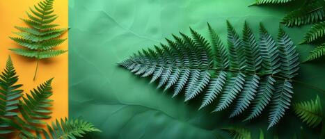 Vibrant Fern Leaves on Colorful Background with Green and Yellow Tones, Nature Inspired Botanical Design photo