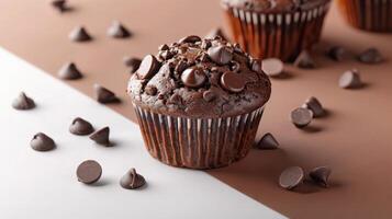 Delicious Chocolate Muffin with Chocolate Chips on a Two-Tone Background Perfect for Bakery and Dessert Themes photo