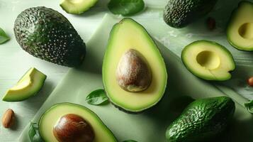 Fresh Avocados on Green Fabric with Almonds and Leaves in a Rustic Setting photo