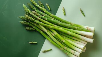 Fresh Green Asparagus Spears on a Two-Tone Green Background - Healthy and Organic Vegetables photo