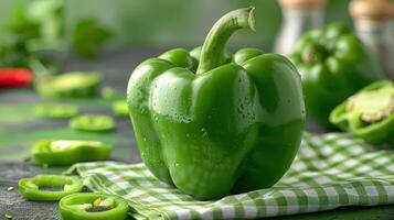 Fresh Green Bell Pepper on Checkered Cloth with Sliced Pieces and Salt Shakers in Background photo