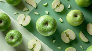 Fresh Green Apples on a Green Background with Sliced Pieces and Whole Fruits in a Modern Minimalist Style photo