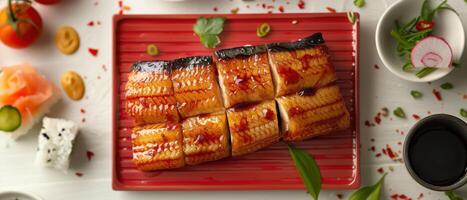 Delicious Grilled Eel Sushi on Red Plate with Fresh Garnishes and Soy Sauce on White Background photo