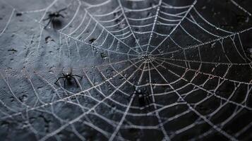 Intricate Spider Web with Dew Drops and Spiders on Dark Background - Nature's Delicate Masterpiece photo