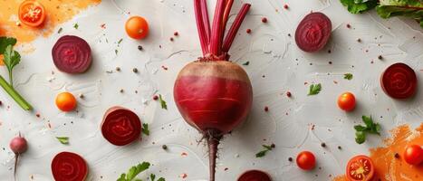 Fresh Beetroot and Cherry Tomatoes on a White Background with Herbs and Spices - Vibrant and Healthy Food Arrangement photo