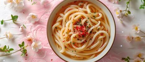 Delicious Bowl of Udon Noodles Garnished with Spices and Surrounded by Cherry Blossoms on a White and Pink Background photo
