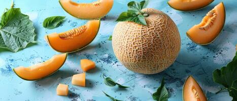 Fresh Cantaloupe Melon with Slices and Green Leaves on a Blue Background photo