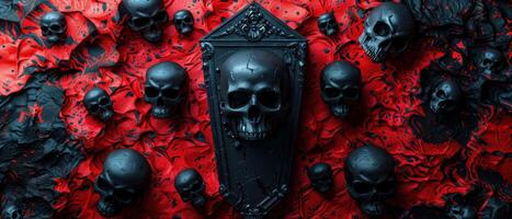 Gothic Black Skulls on Red Background - Dark and Mysterious Halloween Themed Image with Skulls and Gothic Elements photo