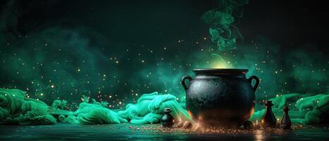Mysterious Cauldron with Green Smoke and Sparkles in a Dark Fantasy Setting photo