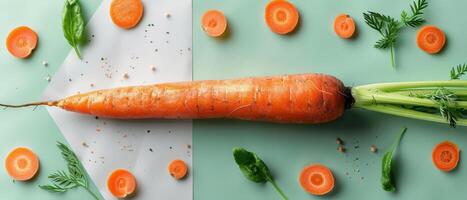 Fresh Carrot with Slices and Green Leaves on a Colorful Background - Healthy Eating Concept photo