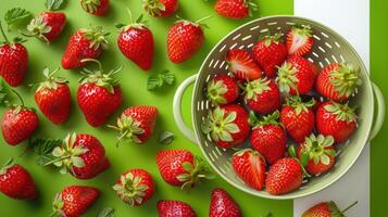 Fresh Red Strawberries in a Colander on a Green Background with Scattered Strawberries and Mint Leaves photo