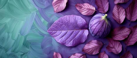 Vibrant Purple Leaves and Fig on Artistic Green and Purple Background photo