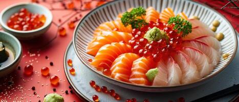 Elegant Sashimi Platter with Fresh Salmon and Tuna on a Decorative Plate with Garnishes photo