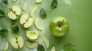 Fresh Green Apples and Slices with Leaves on a Green Background - Top View of Healthy Fruit Arrangement photo