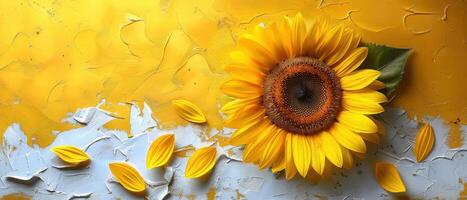 Bright Sunflower on Textured Yellow and White Background with Petals Scattered Around photo