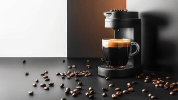Modern Coffee Maker with Freshly Brewed Espresso and Coffee Beans on Black Surface in Minimalist Setting photo