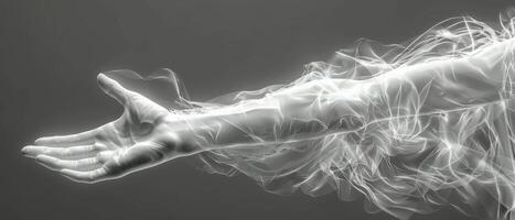 Abstract Image of a Human Arm Dissolving into Smoke on a Gray Background photo