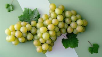 Fresh Green Grapes with Leaves on a Stylish Green and White Background photo