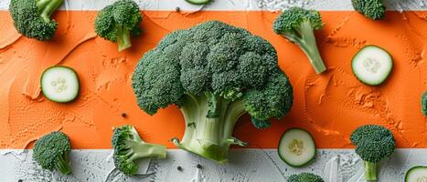 Fresh Broccoli and Sliced Cucumbers on Vibrant Orange and White Background - Healthy Food Concept photo