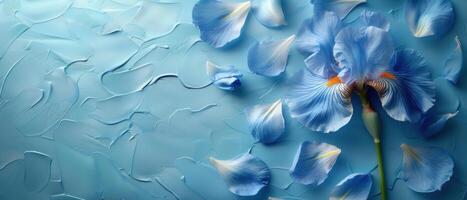 Elegant Blue Iris Flower with Petals on Textured Blue Background - Artistic Floral Composition photo