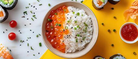 Colorful Sushi Bowl with Fresh Ingredients and Assorted Sushi Rolls on a Bright Yellow Background photo
