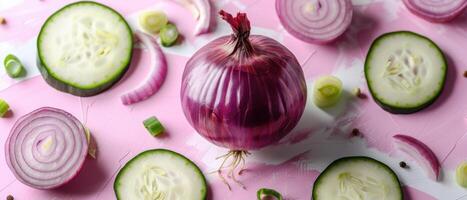 Fresh Red Onion and Cucumber Slices on Pink Background with Green Onion Garnish photo