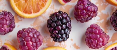 Fresh and Vibrant Assortment of Blackberries, Raspberries, and Orange Slices on a Light Background photo