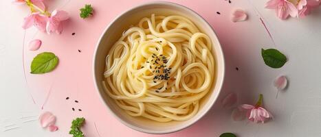 Delicious Bowl of Udon Noodles with Black Sesame Seeds and Cherry Blossom Garnish on Pink Background photo